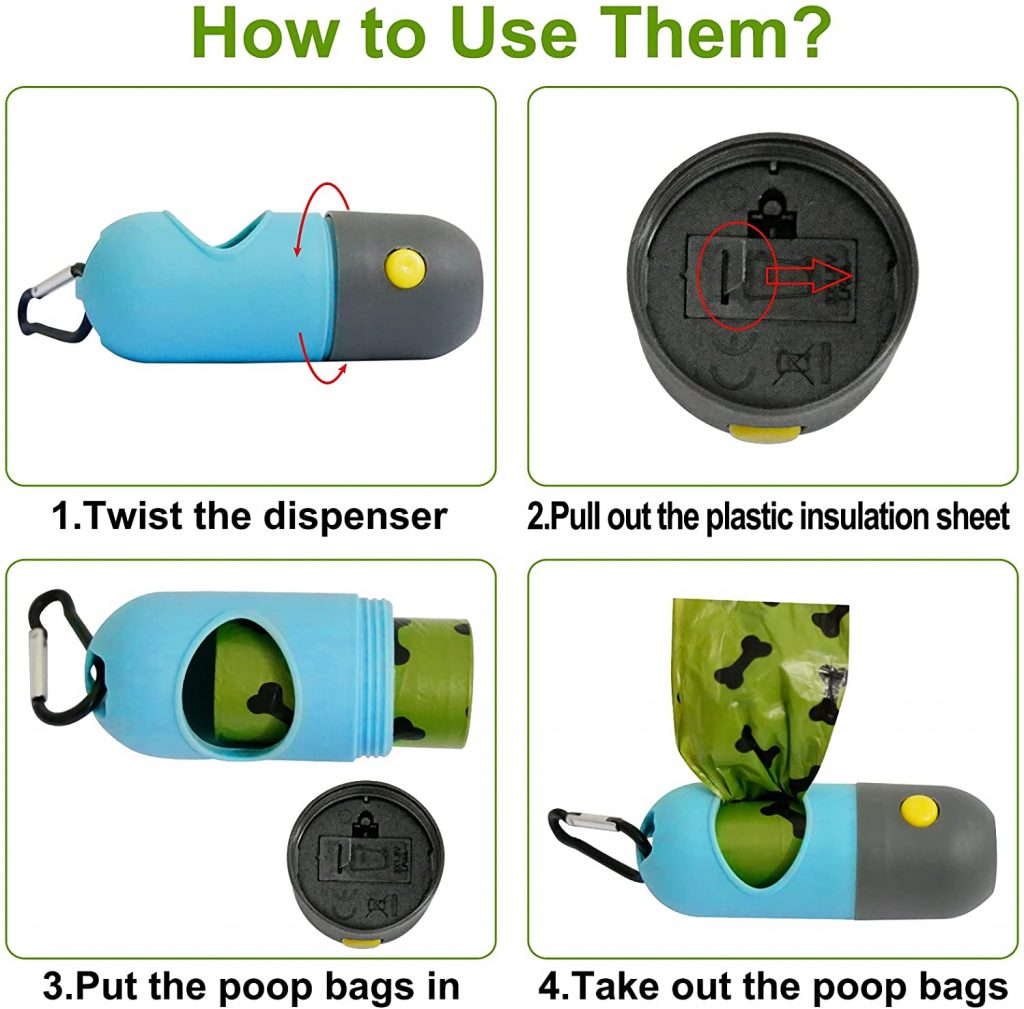 Dogsfuns Dog Poop Bag Dispensers with Built-in LED Flashlight, Pet Waste Bag Holder for Leash with Carabiner Clip for Lead Leash