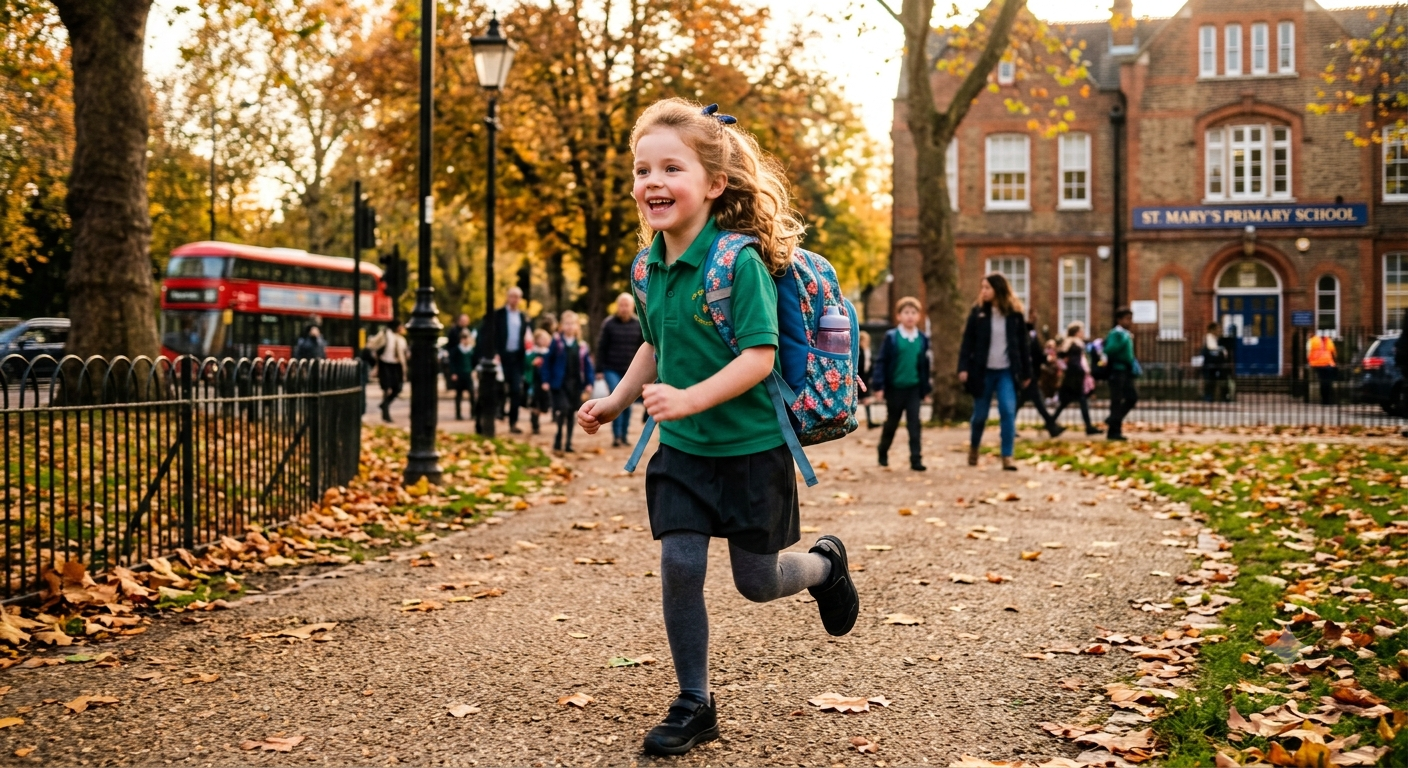 Child walking to school with a mini GPS security locator on backpack