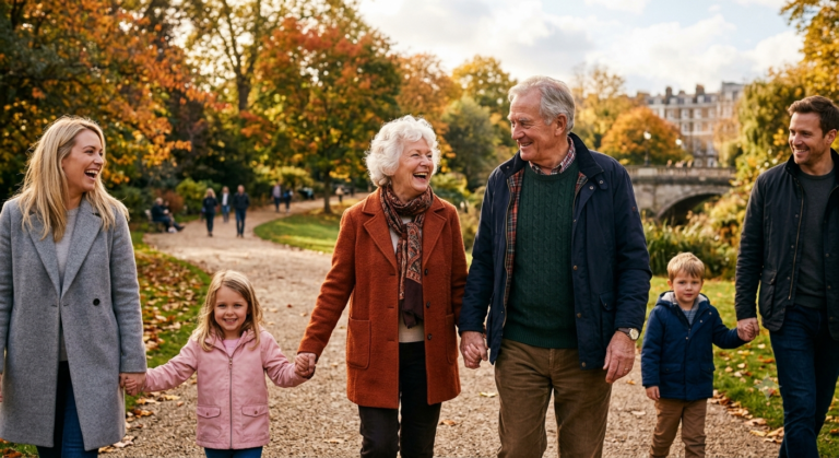 Elderly senior walking safely in the park wearing a smart GPS tracker