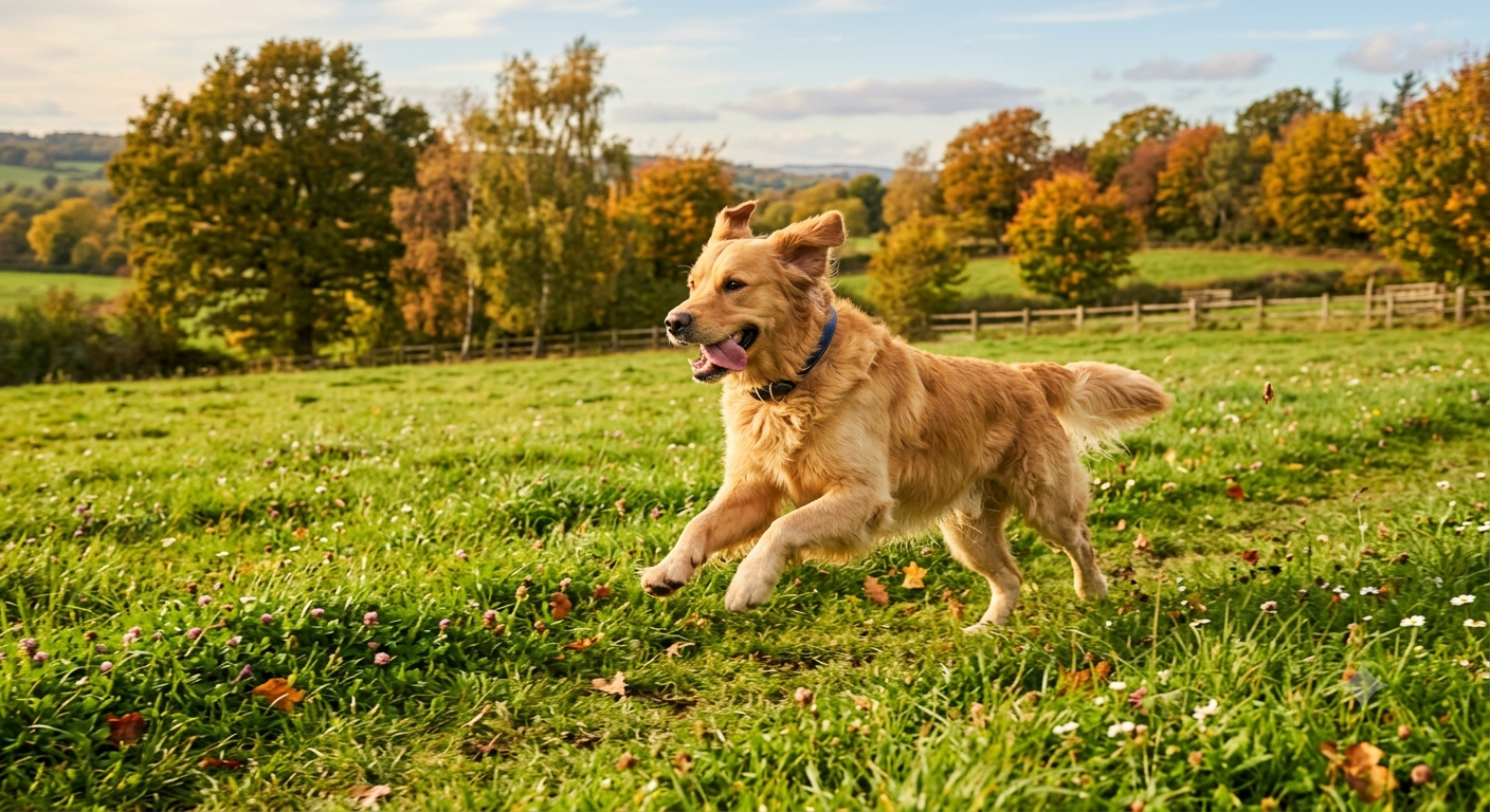 Golden Retriever running outdoors with waterproof dog GPS collar tracker